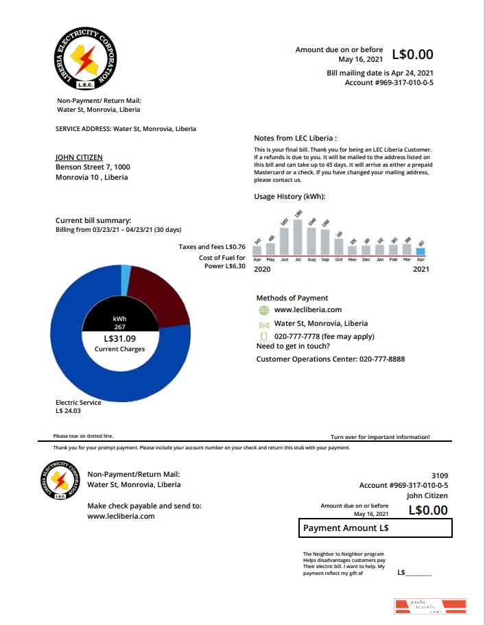 Liberia Electricity Corporation utility bill template in Word and PDF format